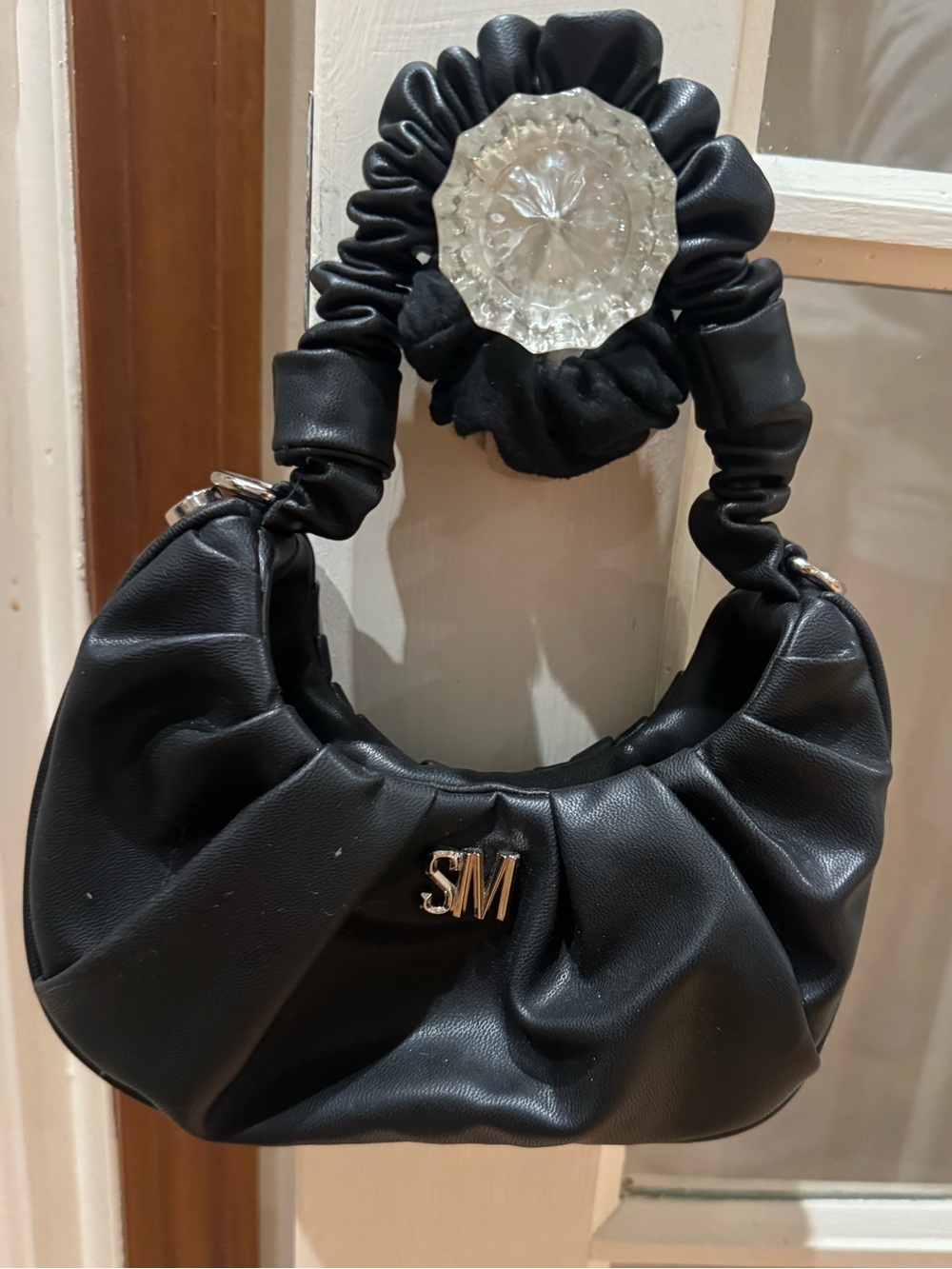 Steve Madden Black Ruched Shoulder Bag with Gold SM Accent
